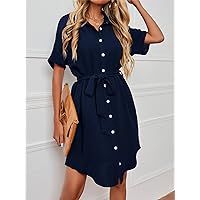 Dresses for Women - Dolman Sleeve Belted Shirt Dress (Color : Navy Blue, Size : Small)