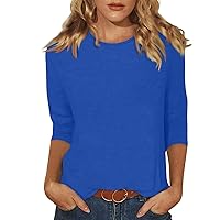 Womens Spring Fashion 3/4 Length Sleeve Top Solid Color Crewneck Daily Versatile Casual Basics Shirt Slim Fit Business Casual Tops for Women Boho Clothes for Women My Orders Blu XXL