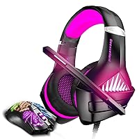 BENGOO Gaming Headset and Mouse, Stereo Gaming Headset for Xbox One, PS4, PC, Noise Cancelling Over Ear Headphones with Mic, LED Light, 3200 DPI Adjustable, Wired Ergonomic Gaming Mouse - Purple