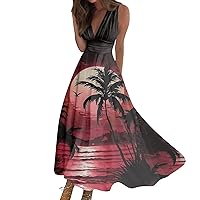Black Dresses for Women Sundress Hawaiian Long Dress Swing Dress A Line Floral Hawaii Print Sleeveless V Neck Dress