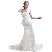 Ivory Lace Applique One Shoulder Mermaid Wedding Dress With Long Trains