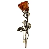 BALTIC AMBER AND STERLING SILVER 925 DESIGNER COGNAC ROSE BROOCH PIN JEWELLERY JEWELRY
