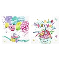 Boston International Bundle of 2 (20 ct) Happy Birthday Themed Cocktail Napkins, Cupcakes & Balloons, Multicolor