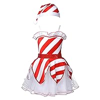 Kid Girls Xmas Costume Dress Sleeveless Striped Print Sequin Tutu Dance Leotard Dress Christmas Carnival Fancy Dress Up