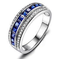 Gorgeous Fine Natural Blue Sapphire Gemstone Diamond Bridal Wedding Engagement Promise Women 14K White Gold Band Ring Sets