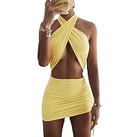 Dresses for Women Party Night Sexy Cross Halter Neck Bodycon Yellow Dress Cross Front Crop Top with Mini Ruched Skirt One Piece Club Outfits Streetwear Clubwear Medium