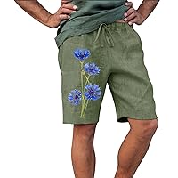 Mens Linen Shorts Drawstring Elastic Waist Beach Shorts Summer Casual Loose Trunks Graphic Printed Trendy Shorts