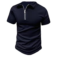 Mens Casual Quarter Zipper Up Polo Shirts Short Sleeve Golf T Shirt Slim Fit Lapel Classic Stretch Ribbed Knit Zip Tops