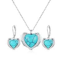 Turquoise Jewelry Set Necklace Earring- Sterling Silver Angel Wing Heart Shape Natural Turquoise with 5A Cubic Zirconia Pendant Necklace for Women,Gifts for Women Wife Moms Grandma