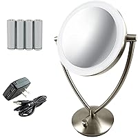 Ovente LED Lighted Makeup Mirror 7.5 Inch Table Top 1X 5X Magnifier Dimmable illuminated Adjustable Circle 360 Degree Double Sided Acrylic Edge Battery USB Operated Large Nickel Brushed MLT75BR1X5X
