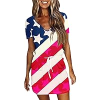 Patriotic Dress for Women Vintage American Flag Print Loose Fit with Short Sleeve V Neck Tunic Dress with Pockets