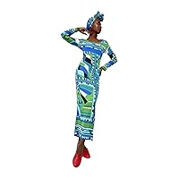 Women's Casual Pull On Maxi Dress with Psychedelic Print Long Sleeve Round Open Neck X-Large Size