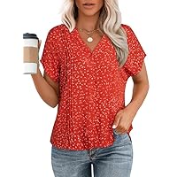 Dokotoo Women's Casual V Neck Floral Print Smocked Short Cap Sleeve Button Down Chiffon Blouses Pleated Top Shirts