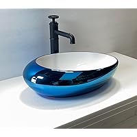 INART Ceramic Oval Egg Shape Wash Basin Bathroom Porcelain Vessel Sink Above Counter Counter top Bowl Sink for Lavatory Vanity Cabinet Contemporary Style 47 x 30 x 12 Cm Bluish Silver White Art Basin