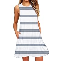 Women's Summer Dress Casual Sleeveless Scoop Neck Tank Dress Striped Fashion Beach Flowy A-Line Sun Dress Vacation