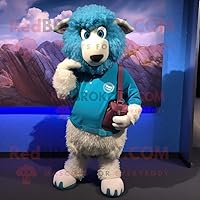 Turquoise Suffolk Sheep mascot costume character dressed with a Mom Jeans and Coin purses