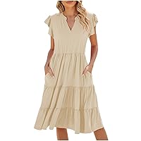 Deal of The Day Today Women V Neck Summer Dresses Classy A-Line Ruffle Sundress Cap Sleeve Casual Midi Dress 2024 Vacation Sundresses Dress for Wedding Guest Women Beige
