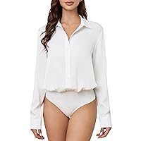 Women Button Down Bodysuit Long Sleeve Collared Shirt Satin Blouse Body Suit Business Casual (White Small)