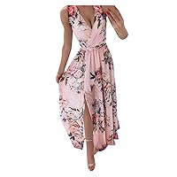 Navy Blue Dress Ruffle Summer Floral Casual Wrap Women Midi Sun Dress Pleated Hem Swing Sleeveless A-line