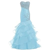 Beaded Mermaid Evening Gown Strapless Pleated Organza Prom Dress