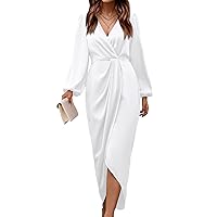 WICIWI Women's Puff Long Sleeve V Neck Ruched Slit Satin Dress Formal Wedding Silk Maxi Wrap Bodycon Fall Dresses 2024