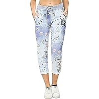 Womens Floral Printed Turn Up Italian Trousers Ladies Ribbed Waistband Drawstring Pants