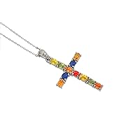 925 Sterling Silver Natural Multi Sapphire 4X3 MM Oval Cut Gemstone Holy Cross Pendant Necklace September Birthstone Sapphire Jewelry Cross Pendant Blessing Gift For Mom (PD-8543)