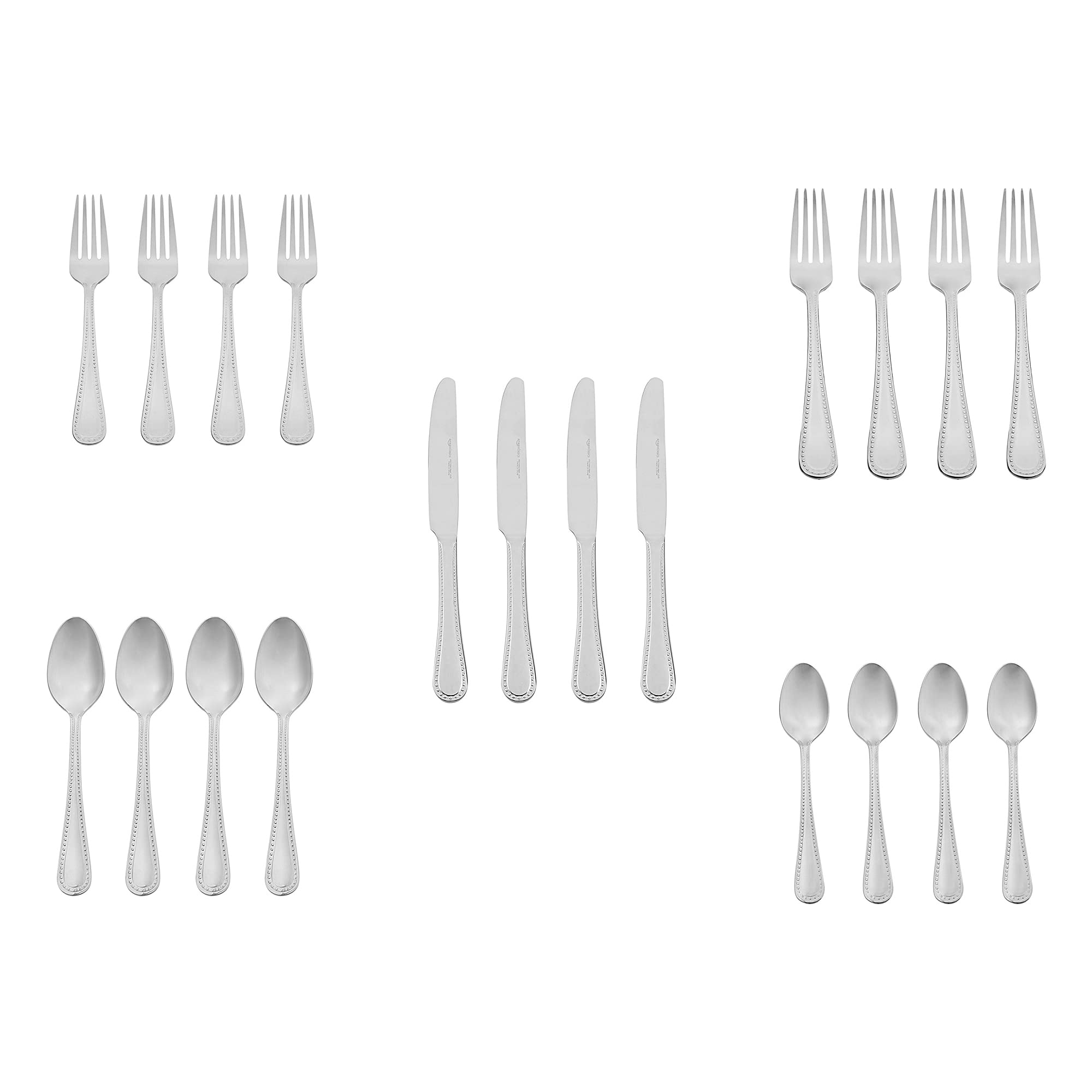 Amazon Basics 20-Piece Stainless Steel Flatware Set with Pearled Edge, Service for 4, Silver