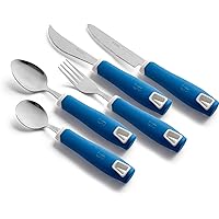 Special Supplies Adaptive Utensils 5-Piece Set Non-Weighted, Non-Slip Handles for Hand Tremors, Arthritis, Parkinson’s or Elderly Use - Stainless Steel Knife, Rocker Knife, Fork, Spoons - Blue