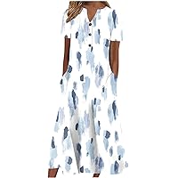 Akivide Women's Boho Button Down Floral Dress with Pockets Summer Short Sleeve V Neck Midi Casual Dresses for Women