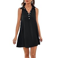 Half Button Sleeveless Dress (Color : Black, Size : X-Small)