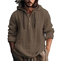 Men's Solid Cotton Linen Henley Shirts with Hood Long Sleeve Baggy Casual Button Down Shirt Summer Cooling Beach Yoga T-Shirt
