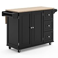 Dolly Madison Kitchen Cart with Wood Top and Drop Leaf Breakfast Bar, Rolling Mobile Kitchen Island with Storage and Towel Rack, 54 Inch Width, Black