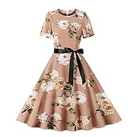 Women's Cocktail Dresses Fashion Casual Slim Fit Printed Round Neck with Belt Short Sleeve Dress
