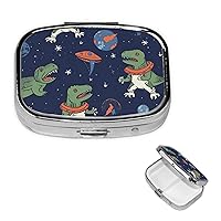 Funny Astronaut Dinosaur Rocket Print Pill Box Square Pill Case 3 Compartment Mini Medicine Storage Box for Vitamins Portable Pill Organizer Metal Travel Pillbox Pill Container for Pocket Purse Office