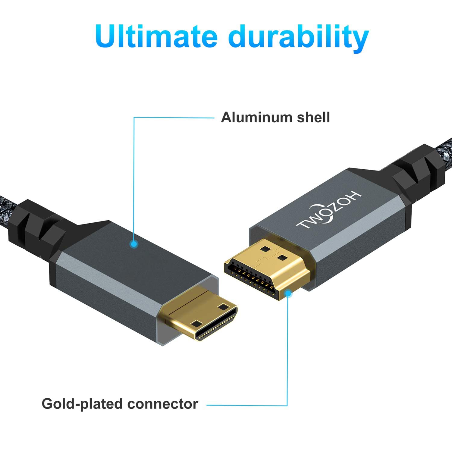 Twozoh Mini HDMI to HDMI Cable 1FT, Short High-Speed HDMI to Mini HDMI Braided Cord Support 3D 4K/60Hz 1080p 720p