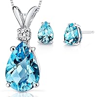 PEORA 14K White Gold Swiss Blue Topaz Pendant and matching Earrings - Pear Shaped Swiss Blue Topaz Diamond Pendant 2.30 Carats + Pear Shaped Swiss Blue Topaz Stud Earrings 1.50 Carats
