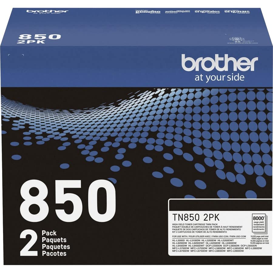 Brother Genuine High-Yield Black Toner Cartridge Twin Pack TN850 2PK, Model: TN8502PK