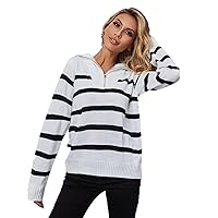 Women's Long Sleeve 1/4 Zipper Collar Striped Color Block Oversized Casual Knit Sweatshirt Pullover Sweater Jumper Top
