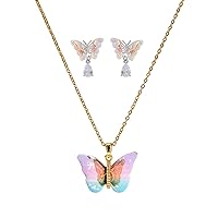 Colorful Butterfly Necklace Earrings Set for Women,3Pcs Cubic Zirconia Butterfly Pendant Necklaces Waterdrop Pendant Earrings Dainty Butterfly Pendant Necklace Adjustable Chain Jewelry Gifts