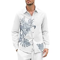 Makkrom Mens Button Down Hawaiian Shirts Casual Long Sleeve Cotton Floral Print Summer Beach Tops