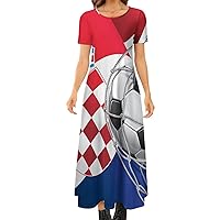 Soccer Goal and Croatia Flag Women's Short Sleeve Maxi Dress Summer Casual Loose Long Dresses for Beach Party