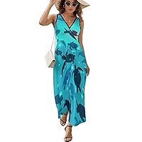 Sea Turtle Sleeveless Wrap V Neck Sleeveless Sundress Summer Flare Maxi Tank Dress for Women