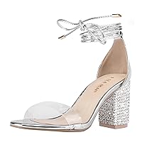 Women's Heels Chunky High Heels Sandals for Women Comfy Open Toe Strappy Rhinestone Heeled White Silver Gold Black Ankle Clear Dress Shoes