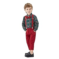 Toddler Fall Clothes Toddler Baby Boys Gentleman Two-Piece Suit Bow Tie Plaid Long Sleeve Sweat Suit (Green, 3-4 Years)