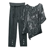 2 Piece Summer Outfits for Women Pants Sets Loose Baggy 3/4 Sleeve Linen Tops Casual Sets Plus Size Lounge Linen Set