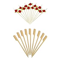 100 Counts 4.7 Inch Red Rose Flower Fancy Toothpicks and 100 Counts 4.7 Inch Bamboo Paddle Skewers for Appetizers Fruit Kabobs Sandwiches Party Finger Food - MSL391