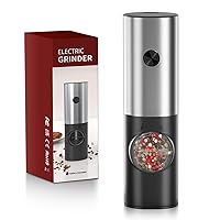 Electric Salt and Pepper Grinder Set, EAGMAK Battery Powered Automatic 70ml Pepper Mill Grinders, Stainless Steel Mill Shakers with Adjustable Coarseness, LED Light & Storage Base (1 Pack,Silver)