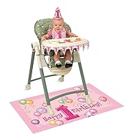 First Birthday Pink Balloons High Chair Kit - (1 Set) | All-Inclusive Decor Bundle with Flag Banner, Floor Mat & Plastic Bib - Ideal for Memorable 1st Birthday Celebration