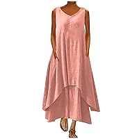 Womens Cotton Linen Button Maxi Tank Dress Flowy High-Low Layered Summer Beach Casual Loose A-Line Dresses Pockers